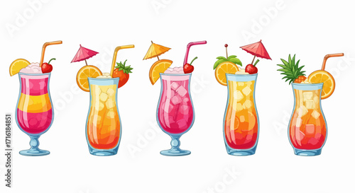 Enjoy vibrant tropical cocktails with straws and fruit garnishes, perfect for a summer celebration or vacation vibe