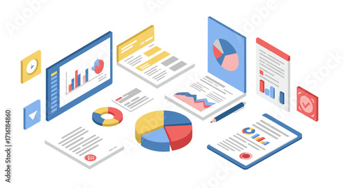 Isometric business analytics with graphs and charts for data presentation