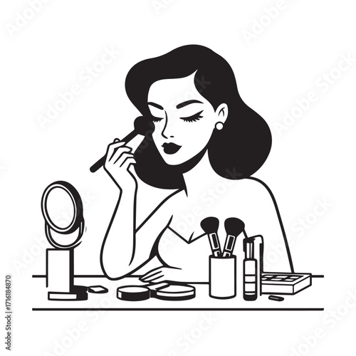 Black and white line art of a beautiful woman doing makeup at dressing table with mirror illustration
