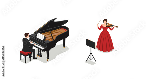 Elegant isometric music duo with grand piano and violinist in red dress