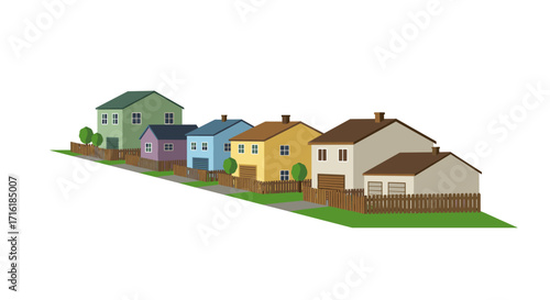 Charming row of colorful houses on a sloped street