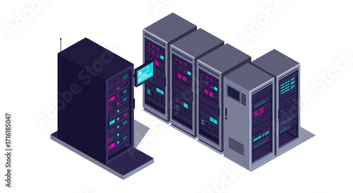 Isometric data center design with server racks and network equipment in modern style