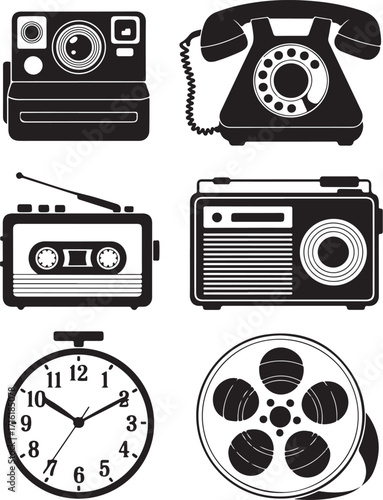 Retro technology icons: camera, phone, radio, film reel