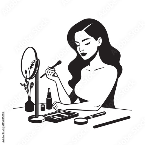 Black and white line art of a beautiful woman doing makeup at dressing table with mirror illustration
