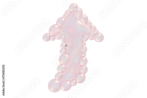 Transparent pink bubble arrow pointing upward made from shiny glossy spheres on white background