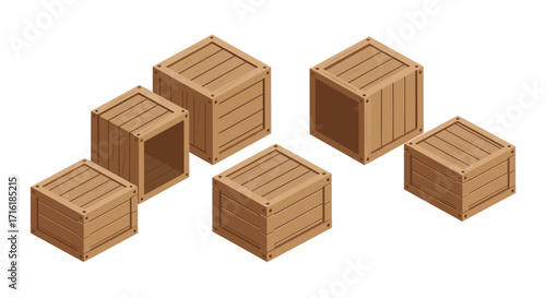 Isometric wooden crates collection in various open and closed positions
