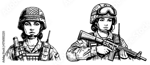 Female Soldier Illustrations in a Vintage Sketch Style