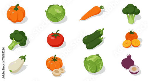 Colorful isometric vegetables collection for healthy living themes