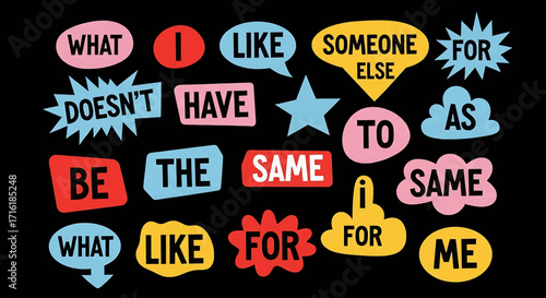 Colorful text bubbles with words expressing different perspectives on liking someone.
