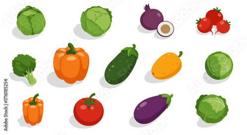 Isometric vegetables set with cabbage, peppers, and tomatoes on white background