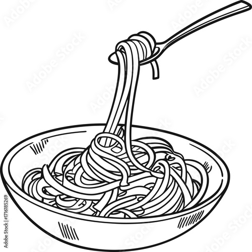 Hand drawn style illustration of a delicious bowl of spaghetti with sauce and noodles