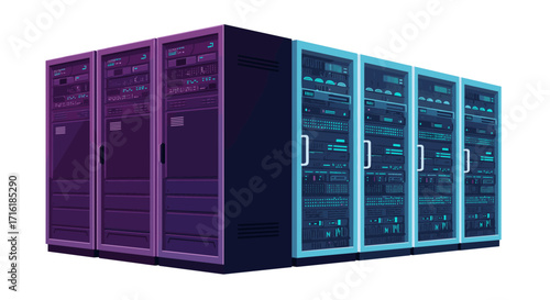 Modern data center technology with stylish rack servers in gradient colors