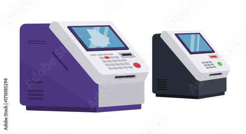 Modern atm machines in flat design with digital screen interface