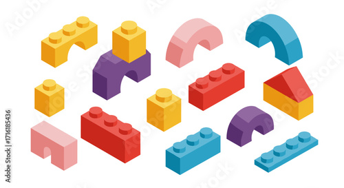 Isometric toy building blocks in various colors and shapes for creative design projects