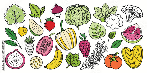Colorful hand drawn collection of fresh fruits and vegetables assortment delicious and healthy food