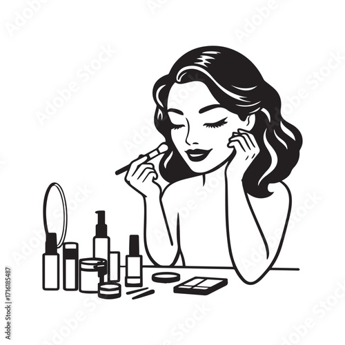 Black and white line art of a beautiful woman doing makeup at dressing table with mirror illustration