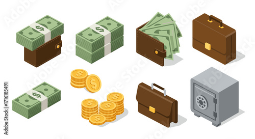 Isometric money and finance icons: wallets, coins, briefcases, and safe