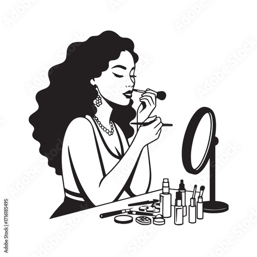 Black and white line art of a beautiful woman doing makeup at dressing table with mirror illustration