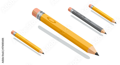 3d floating pencils with shadows on white background in perspective view