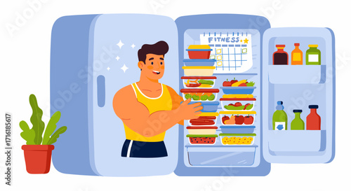 Healthy Eating Man Organising Fresh Food in Fridge for Meal Prep