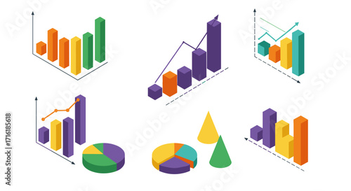 Colorful isometric 3d graphs and charts for data visualization and infographics design