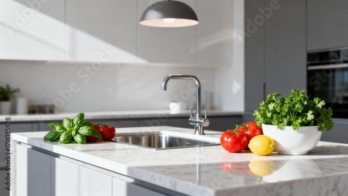 Wallpaper Mural Modern kitchen island countertop displays fresh produce and elegant fixtures. Torontodigital.ca
