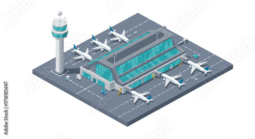 Modern isometric airport terminal with airplanes and control tower