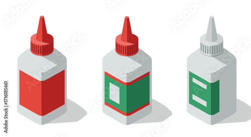 Isometric glue bottles with shadow on white background