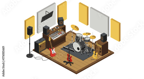 Modern isometric music studio with instruments and sound equipment on wooden floor