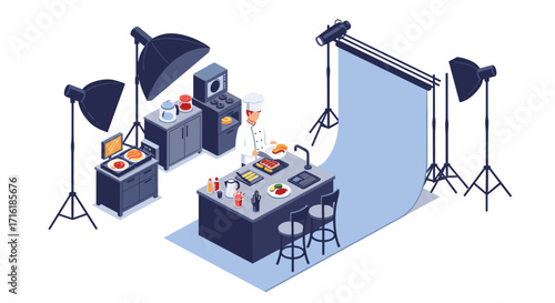 Isometric kitchen studio with chef preparing food for photography