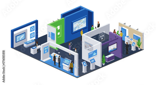 Isometric trade show exhibition booth with interactive digital displays and networking attendees