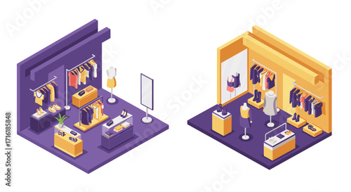 Isometric fashion boutique display with clothing racks and accessories