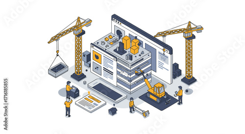 Isometric construction site with digital interface and cranes