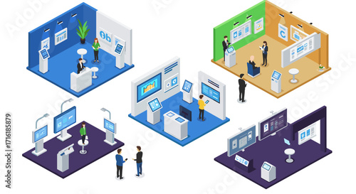 Isometric digital office spaces with interactive screens and modern design elements