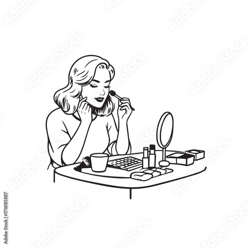 Black and white line art of a beautiful woman doing makeup at dressing table with mirror illustration