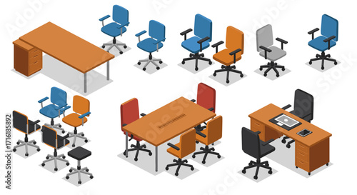 Isometric office furniture set with desks and chairs in various styles