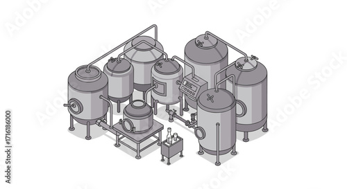 Isometric brewery equipment with stainless steel tanks for beer production