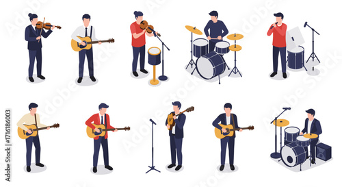 Musicians performing in isometric style with instruments and equipment