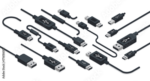 Diverse usb cable collection showcasing various types and connectors in a modern isometric style