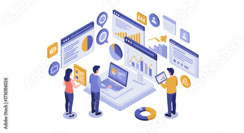 Team collaboration in digital data analysis with isometric design elements
