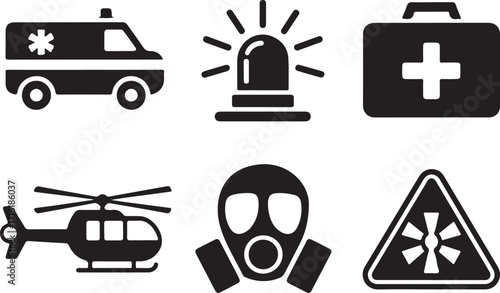 Emergency response icons ambulance, alert, first aid, helicopter, gas mask