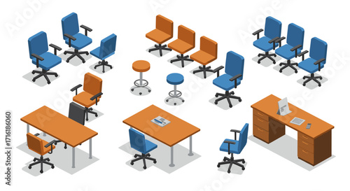 Modern isometric office furniture collection with desks, chairs, and stools