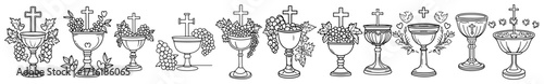 Christian First Communion Chalice and Grapes Icons Set black shape vector laser cutting engraving monochrome print