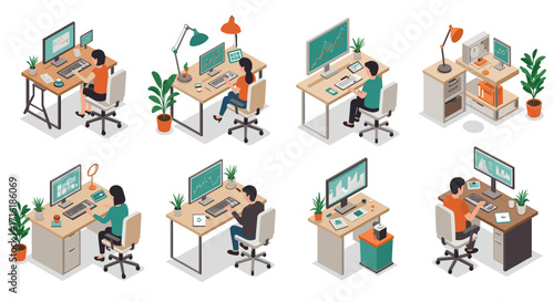 Modern office workstations with isometric design and trendy interior elements