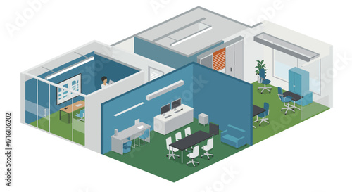 Isometric office space design with modern layout and furniture