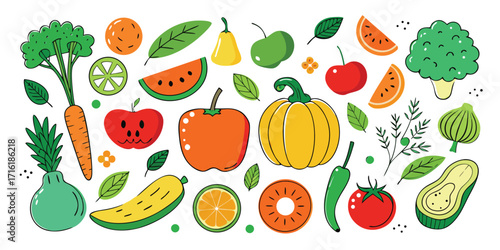 Vibrant collection of fresh fruits and vegetables hand drawn style art