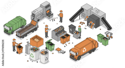 Isometric waste management and recycling facility with trucks and workers