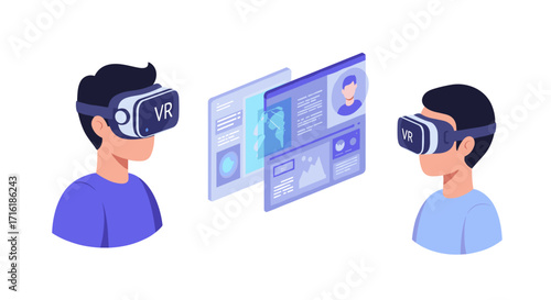 Virtual reality interaction: two people engaged in digital communication with vr headsets