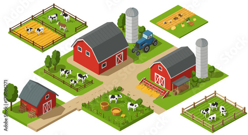 Charming isometric farm with red barns, animals, and fields in rural landscape