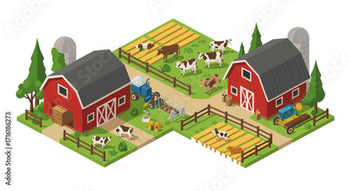 Isometric farm scene with barns, cows, fields, and tractors in vibrant colors